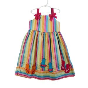 Rare Too Rainbow Stripe Dress 6 Girls Flip Flop Appliqué Bright‎ Summer Playful